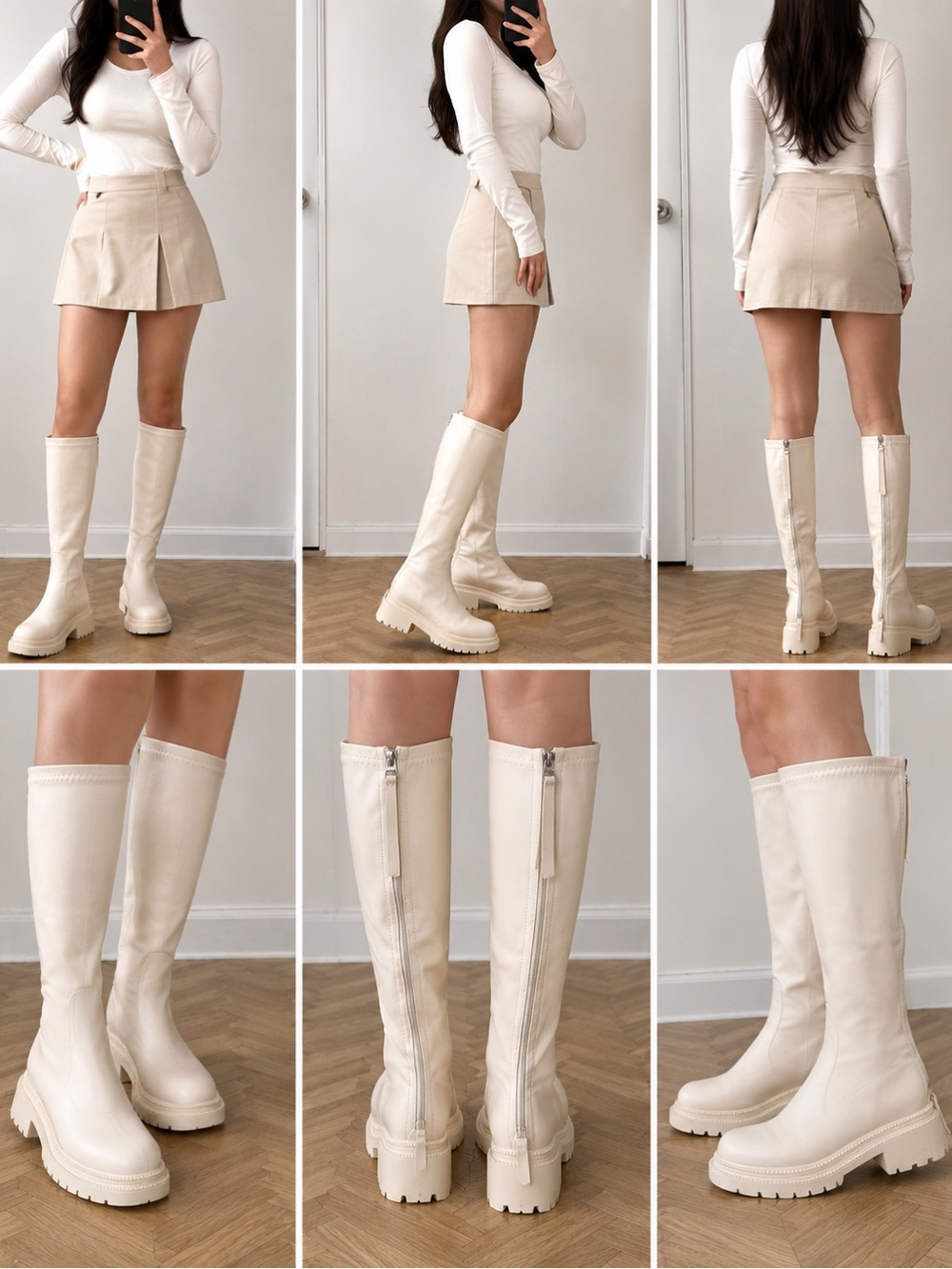 Knee-High Chunky Lug Sole Boots in Cream - Women's Ankle & Bootie Style